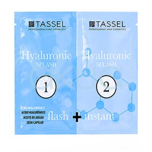 Tratamiento Capilar en sobre para Hidratación Profunda Tassel. Dos sobres azules del tratamiento capilar “Hyaluronic Splash” de Tassel, colocados uno junto al otro. El sobre de la izquierda está marcado con el número 1 y contiene ingredientes como ácido hialurónico y aceite de argán. El sobre de la derecha está marcado con el número 2. Ambos forman un sistema de dos pasos para hidratación y reparación del cabello con efecto inmediato. H2o Akua