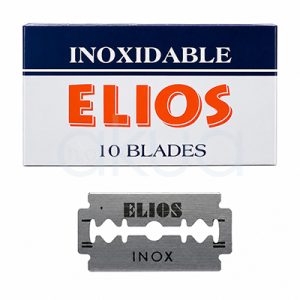 Cajita cuchilla Elios 10 unidades El color predominante es blanco y azul oscuro. El texto "ELIOS" está destacado en naranja con una sombra gris, mientras que otros textos son en gris. H2o Akua
