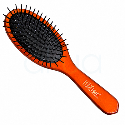 Cepillo plano fuelle madera Eurostil. Cepillo neumático ovalado con acabado efecto madera en tono marrón brillante, base acolchada negra y púas flexibles negras con puntas redondeadas. Diseño ergonómico ideal para desenredar, peinar y cuidar el cabello con suavidad. H2o Akua