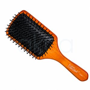 Cepillo plano paleta madera grande Eurostil. Cepillo plano tipo paleta grande de madera con base acolchada negra y púas flexibles negras. Diseño ergonómico ideal para desenredar y peinar el cabello con suavidad. H2o Akua.