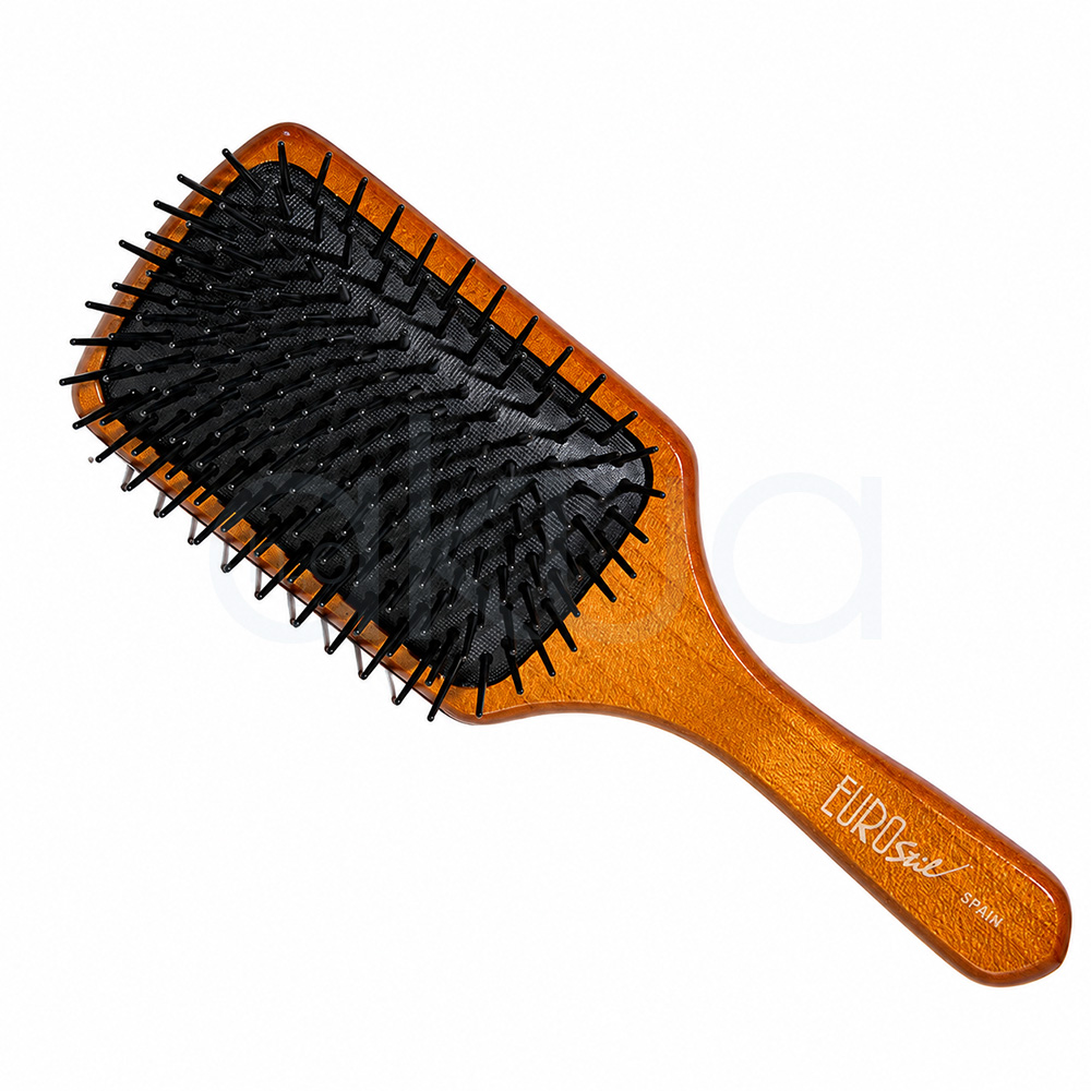 Cepillo plano paleta madera grande Eurostil. Cepillo plano tipo paleta grande de madera con base acolchada negra y púas flexibles negras. Diseño ergonómico ideal para desenredar y peinar el cabello con suavidad. H2o Akua.