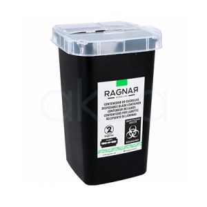 Contenedor para depositar cuchillas Ragnar 07528. Contenedor de cuchillas desechables RAGNAR de color negro con tapa transparente de seguridad, diseñado para almacenar y desechar hojas de afeitar usadas de forma higiénica y segura en barberías y centros profesionales. H2o Akua