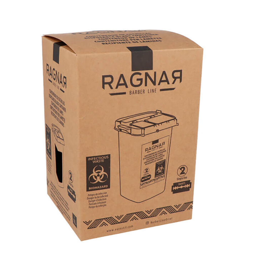 Contenedor para depositar cuchillas Ragnar 07528. Contenedor de cuchillas desechables RAGNAR de color negro con tapa transparente de seguridad, diseñado para almacenar y desechar hojas de afeitar usadas de forma higiénica y segura en barberías y centros profesionales. H2o Akua