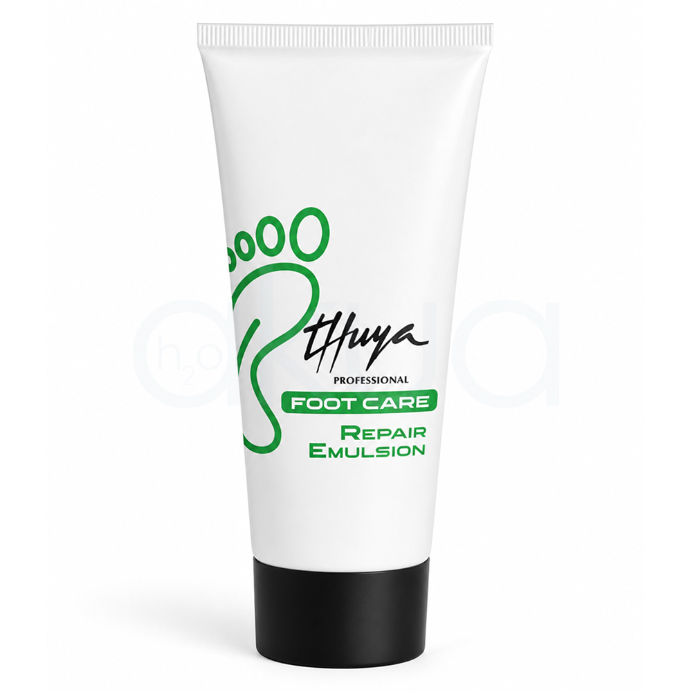 Crema Repair Emulsion Foot Care Thuya. Muestra un tubo cosmético blanco de la línea profesional Thuya Foot Care. El envase tiene tapa negra y un diseño con una gran huella verde estilizada. En el frontal se leen las palabras “Foot Care Repair Emulsion” en color verde y el logotipo de Thuya en negro. H2o Akua