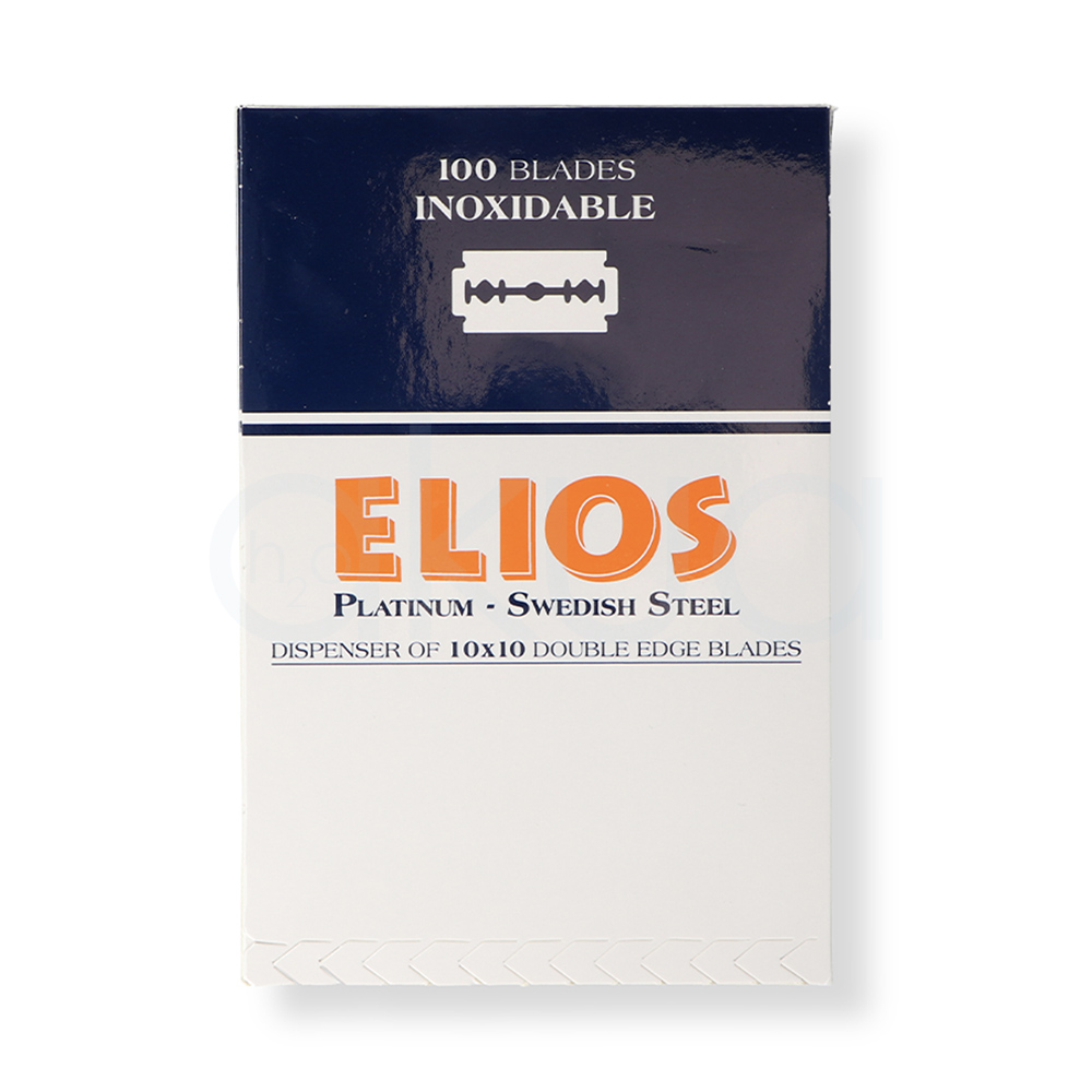 Dispensador 100 hojas Elios 09447. El color predominante es blanco y azul oscuro. El texto "ELIOS" está destacado en naranja con una sombra gris, mientras que otros textos son en gris. H2o Akua