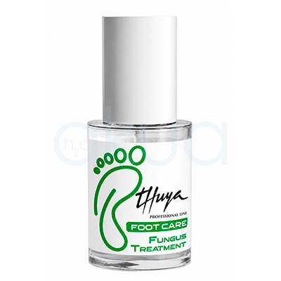 Gel de uñas Fungus Nail Gel Foot Care Thuya. Botella pequeña de tratamiento antifúngico para pies. El envase transparente tiene tapa blanca cilíndrica y una etiqueta blanca con una huella verde grande y el texto “Foot Care Fungus Treatment” en verde y negro. H2o Akua