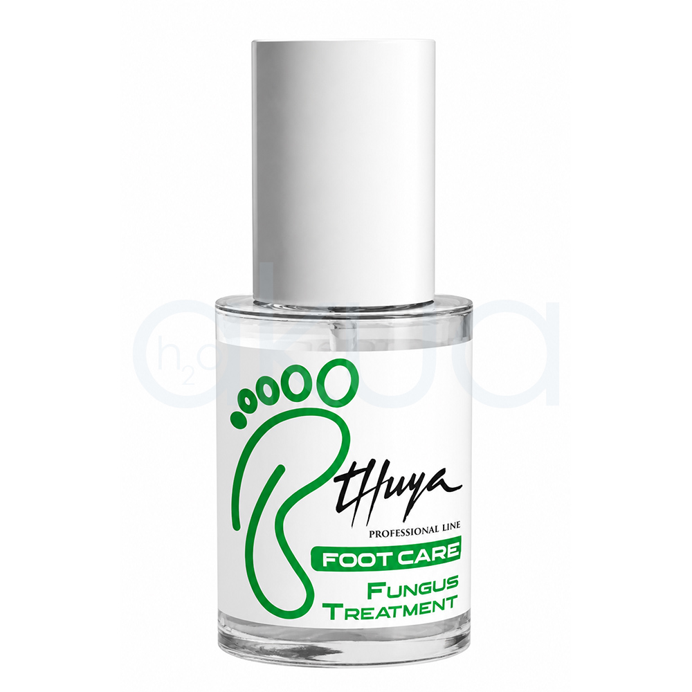 Gel de uñas Fungus Nail Gel Foot Care Thuya. Botella pequeña de tratamiento antifúngico para pies. El envase transparente tiene tapa blanca cilíndrica y una etiqueta blanca con una huella verde grande y el texto “Foot Care Fungus Treatment” en verde y negro. H2o Akua