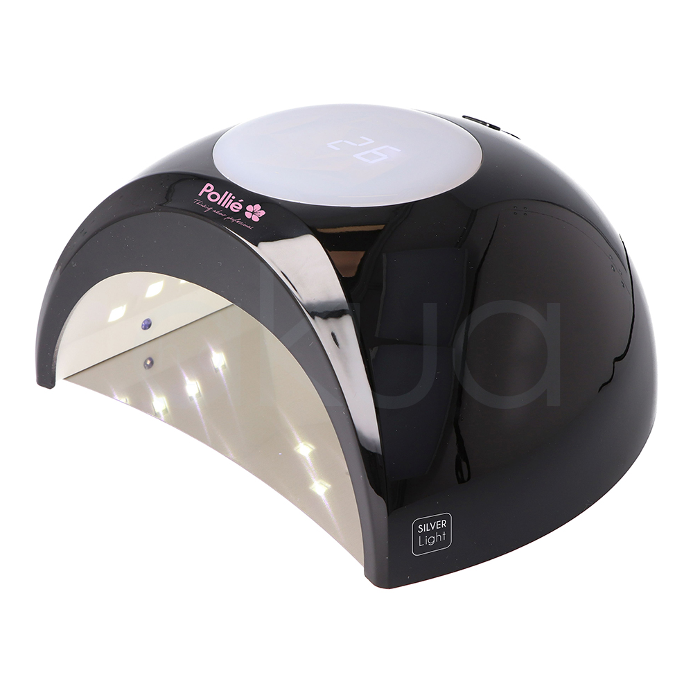 Lampara Led UV 65w Silver Light negra 07186/50. Lámpara LED UV Pollié Silver Light negra de 65W con diseño semicircular y acabado brillante, utilizada para secar esmaltes semipermanentes, gel y tratamientos de uñas profesionales. H2o Akua.