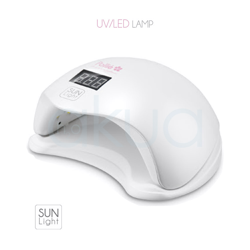 Lampara de uñas Sun Light. Lámpara profesional UV/LED para uñas en color blanco con diseño curvo y compacto. El dispositivo incorpora una pantalla digital en la parte superior para controlar el tiempo de secado y está diseñado para introducir cómodamente la mano durante la manicura. En el interior se observan luces LED para el curado rápido de esmaltes semipermanentes y geles UV. Su estructura moderna y minimalista está orientada a trabajos profesionales de manicura y pedicura. H2o Akua
