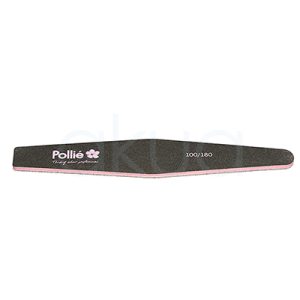 Lima 100/180 negra Rocket acolchada Pollie. Lima profesional acolchada Pollié Rocket en color negro con diseño curvo tipo banana. Presenta doble gramaje 100/180 para limado y acabado de uñas. La superficie abrasiva negra incorpora el logotipo “Pollié” en color rosa y blanco, junto con la numeración del gramaje. Su formato ergonómico y flexible facilita un limado preciso y cómodo en manicura y pedicura profesional. H2o Akua