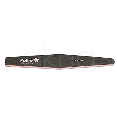 Lima 100/180 negra Rocket acolchada Pollie. Lima profesional acolchada Pollié Rocket en color negro con diseño curvo tipo banana. Presenta doble gramaje 100/180 para limado y acabado de uñas. La superficie abrasiva negra incorpora el logotipo “Pollié” en color rosa y blanco, junto con la numeración del gramaje. Su formato ergonómico y flexible facilita un limado preciso y cómodo en manicura y pedicura profesional. H2o Akua