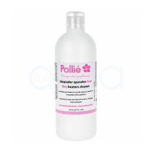 Limpiador de aparatos Cera Wax Pollie 400ml. Botella blanca de limpiador Pollié para aparatos de cera, con tapón transparente y etiqueta blanca con textos en rosa y negro. H2o Akua