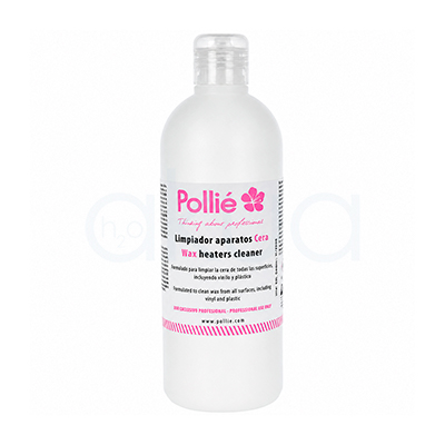Limpiador de aparatos Cera Wax Pollie 400ml. Botella blanca de limpiador Pollié para aparatos de cera, con tapón transparente y etiqueta blanca con textos en rosa y negro. H2o Akua