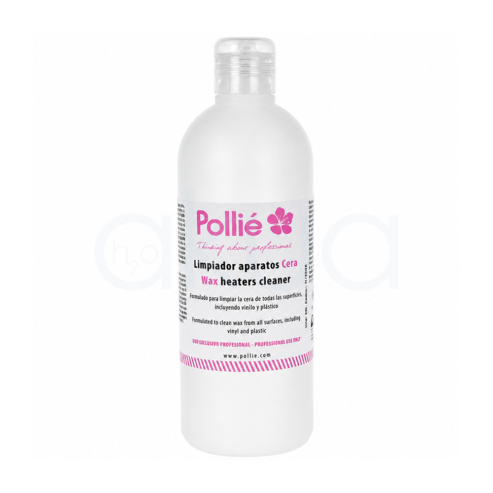 Limpiador de aparatos Cera Wax Pollie 400ml. Botella blanca de limpiador Pollié para aparatos de cera, con tapón transparente y etiqueta blanca con textos en rosa y negro. H2o Akua