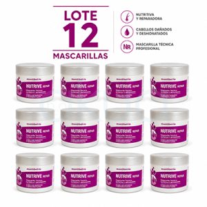 Lote 12 Mascarilla Nutrive Repair Montibello 500ml Outlet. Imagen promocional sobre fondo blanco que muestra un lote de 12 mascarillas capilares. En la parte superior aparece el texto grande “LOTE 12 MASCARILLAS” en color morado. Debajo, los envases están organizados en tres filas de cuatro unidades cada una. Cada mascarilla es un tarro blanco con tapa plateada y etiqueta morada de la marca Montibello, con el nombre “NUTRIVE REPAIR”, indicada como nutritiva y reparadora para cabellos dañados y deshidratados. A la derecha del título hay iconos con texto que destacan sus beneficios principales. H2o Akua