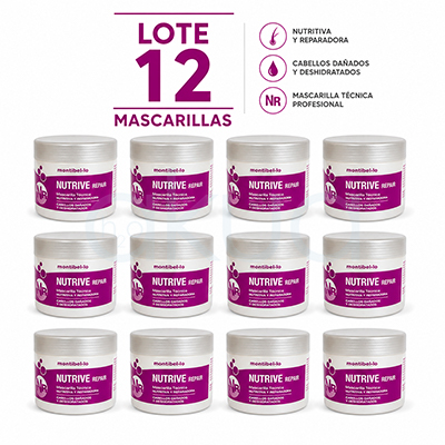 Lote 12 Mascarilla Nutrive Repair Montibello 500ml Outlet. Imagen promocional sobre fondo blanco que muestra un lote de 12 mascarillas capilares. En la parte superior aparece el texto grande “LOTE 12 MASCARILLAS” en color morado. Debajo, los envases están organizados en tres filas de cuatro unidades cada una. Cada mascarilla es un tarro blanco con tapa plateada y etiqueta morada de la marca Montibello, con el nombre “NUTRIVE REPAIR”, indicada como nutritiva y reparadora para cabellos dañados y deshidratados. A la derecha del título hay iconos con texto que destacan sus beneficios principales. H2o Akua