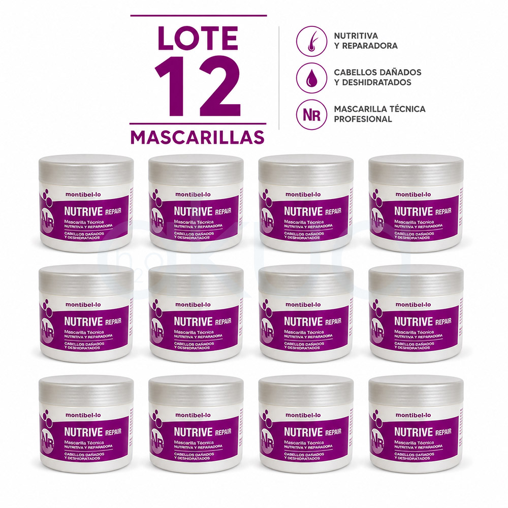 Lote 12 Mascarilla Nutrive Repair Montibello 500ml Outlet. Imagen promocional sobre fondo blanco que muestra un lote de 12 mascarillas capilares. En la parte superior aparece el texto grande “LOTE 12 MASCARILLAS” en color morado. Debajo, los envases están organizados en tres filas de cuatro unidades cada una. Cada mascarilla es un tarro blanco con tapa plateada y etiqueta morada de la marca Montibello, con el nombre “NUTRIVE REPAIR”, indicada como nutritiva y reparadora para cabellos dañados y deshidratados. A la derecha del título hay iconos con texto que destacan sus beneficios principales. H2o Akua