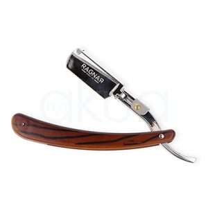 Navaja de afeitar con mango de plastico Ragnar. Navaja de afeitar profesional Ragnar con hoja metálica plegable y mango curvado efecto madera en tonos marrones. El cuerpo de acero inoxidable brillante incorpora el logotipo “RAGNAR Barber Line” grabado en blanco. Diseñada para afeitado clásico y perfilado de barba, combina un estilo elegante y vintage con un formato ergonómico para un manejo preciso y cómodo. H2o Akua