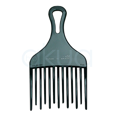 Peine afro doble H2oAkua. Peine afro profesional de color negro con púas largas y anchas, diseñado para desenredar y dar volumen al cabello rizado, afro o con textura. Tiene mango ergonómico con abertura ovalada para un mejor agarre y estructura resistente de plástico. El peine aparece centrado sobre fondo blanco.
