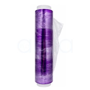 Plastico film osmotico desechable 300m H2oAkua. Rollo de film osmótico transparente de color morado sobre fondo blanco, parcialmente desenrollado, utilizado en tratamientos estéticos corporales y envolturas profesionales.