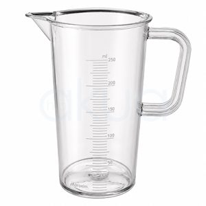 Probeta medidora con asa 250ml H2oAkua. Probeta medidora transparente de plástico con capacidad de 250 ml, diseñada con asa lateral ergonómica y pico vertedor para facilitar el vertido de líquidos. Incluye escala graduada visible en mililitros para medir con precisión productos líquidos. El recipiente aparece centrado sobre fondo blanco y está pensado para uso profesional en peluquería, cosmética o laboratorio.
