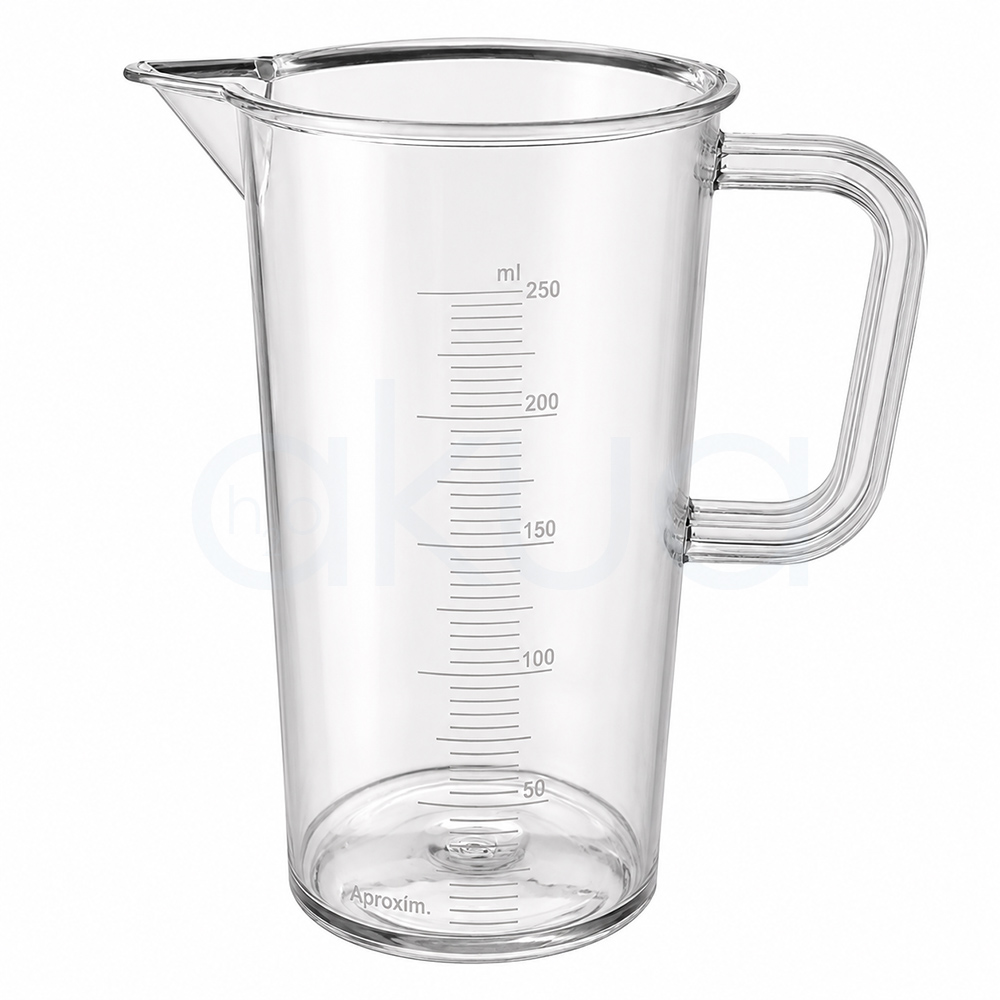 Probeta medidora con asa 250ml H2oAkua. Probeta medidora transparente de plástico con capacidad de 250 ml, diseñada con asa lateral ergonómica y pico vertedor para facilitar el vertido de líquidos. Incluye escala graduada visible en mililitros para medir con precisión productos líquidos. El recipiente aparece centrado sobre fondo blanco y está pensado para uso profesional en peluquería, cosmética o laboratorio.