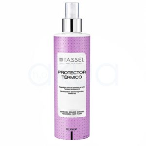 Protector termico Tassel 250ml. Protector térmico capilar Tassel en formato spray, presentado en un envase cilíndrico blanco con etiqueta lila y detalles negros. El bote incorpora pulverizador transparente con acabado metálico plateado y diseño profesional orientado al cuidado del cabello. En la etiqueta se lee “Protector Térmico” junto a indicaciones relacionadas con la protección frente al calor y el control del encrespamiento. H2o Akua