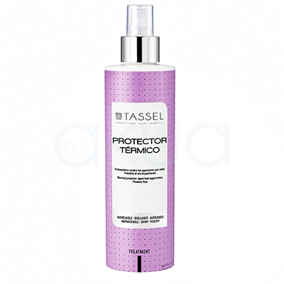 Protector termico Tassel 250ml. Protector térmico capilar Tassel en formato spray, presentado en un envase cilíndrico blanco con etiqueta lila y detalles negros. El bote incorpora pulverizador transparente con acabado metálico plateado y diseño profesional orientado al cuidado del cabello. En la etiqueta se lee “Protector Térmico” junto a indicaciones relacionadas con la protección frente al calor y el control del encrespamiento. H2o Akua