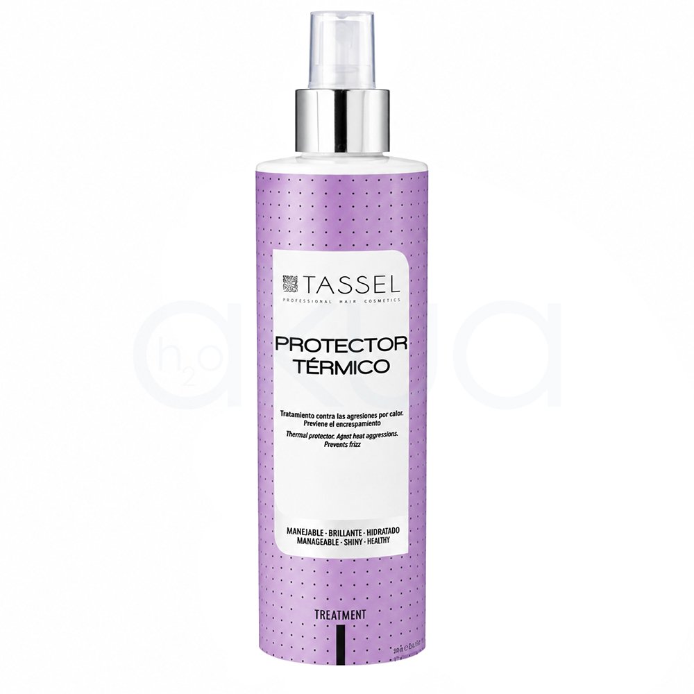 Protector termico Tassel 250ml. Protector térmico capilar Tassel en formato spray, presentado en un envase cilíndrico blanco con etiqueta lila y detalles negros. El bote incorpora pulverizador transparente con acabado metálico plateado y diseño profesional orientado al cuidado del cabello. En la etiqueta se lee “Protector Térmico” junto a indicaciones relacionadas con la protección frente al calor y el control del encrespamiento. H2o Akua
