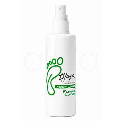 Spray Fungus Lotion Foot Care Thuya. Botella blanca con dispensador en spray de la loción “Foot Care Fungus Lotion” de la marca Thuya Professional Line. En la etiqueta aparece un dibujo verde de una huella de pie y el texto en negro y verde sobre fondo blanco. H2o Akua