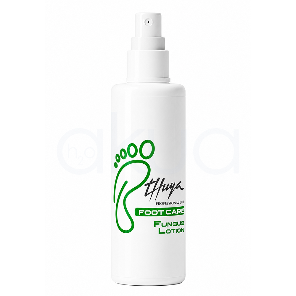 Spray Fungus Lotion Foot Care Thuya. Botella blanca con dispensador en spray de la loción “Foot Care Fungus Lotion” de la marca Thuya Professional Line. En la etiqueta aparece un dibujo verde de una huella de pie y el texto en negro y verde sobre fondo blanco. H2o Akua