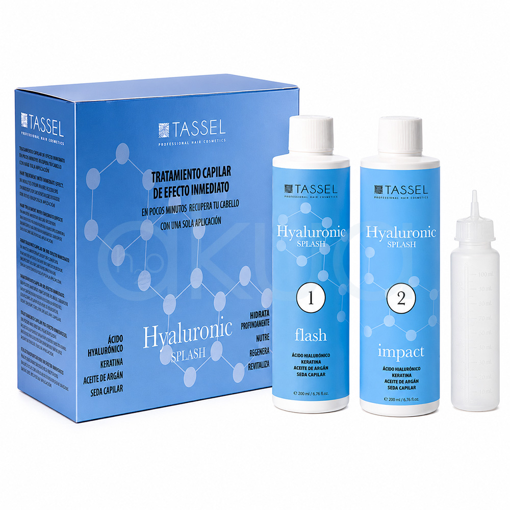 Tratamiento Hyaluronic Splash Tassel 500ml 09029. El set incluye una caja azul con diseño molecular y textos informativos, dos botellas cilíndricas numeradas “1” y “2” con etiquetas azules y blancas, y un aplicador transparente con boquilla fina. El producto está formulado con ácido hialurónico, keratina y aceite de argán para hidratar, nutrir y revitalizar el cabello. El conjunto tiene un diseño moderno y profesional orientado al cuidado intensivo y regeneración capilar. H2o Akua