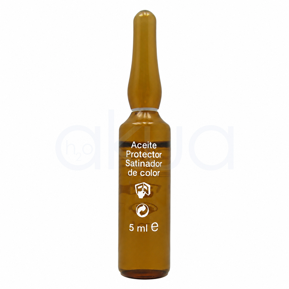 Ampolla aceite irritacion y manchas 5ml H2oAkua. Ampolla monodosis de vidrio ámbar presentada en posición vertical sobre fondo blanco. La ampolla tiene un diseño alargado con cuello estrecho y contiene un líquido protector para el cabello. En la parte frontal aparece el texto en color blanco «Aceite Protector Satinador de color», acompañado de iconos de protección y reciclaje, así como la indicación de contenido de 5 ml.
