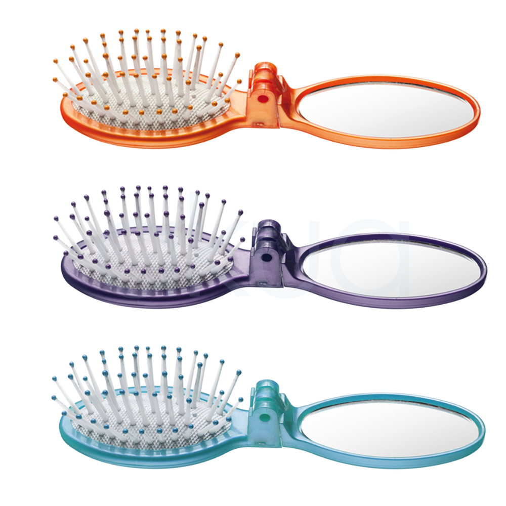Bote 24 cepillos plegables minis con espejo. Imagen de mini cepillos plegables con espejo incorporado, presentados en colores translúcidos naranja, morado y azul turquesa. Cada accesorio combina un pequeño cepillo de púas flexibles con puntas redondeadas y un espejo ovalado integrado en el mango. El sistema plegable permite cerrar el cepillo para proteger las púas y facilitar su transporte. Los tres modelos aparecen alineados verticalmente sobre un fondo claro, destacando su diseño compacto, ligero y práctico para llevar en el bolso, mochila o neceser de viaje. Ideal para retoques rápidos del peinado en cualquier momento y lugar. Bote de 24 cepillos. H2o Akua