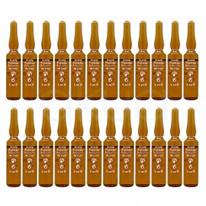 Caja 24 Ampollas aceite irritacion y manchas 5ml H2oAkua. Imagen de catálogo con un conjunto de 24 ampollas monodosis de aceite protector para el cabello, dispuestas en dos filas de doce unidades sobre fondo blanco. Cada ampolla está fabricada en vidrio ámbar y presenta un diseño alargado con cuello estrecho. En la etiqueta frontal, en color blanco, se lee «Aceite Protector Satinador de color», junto a iconos de protección y reciclaje, y la indicación de contenido de 5 ml. Las ampollas están alineadas de forma uniforme, mostrando un formato profesional pensado para la venta en packs o tratamientos capilares.