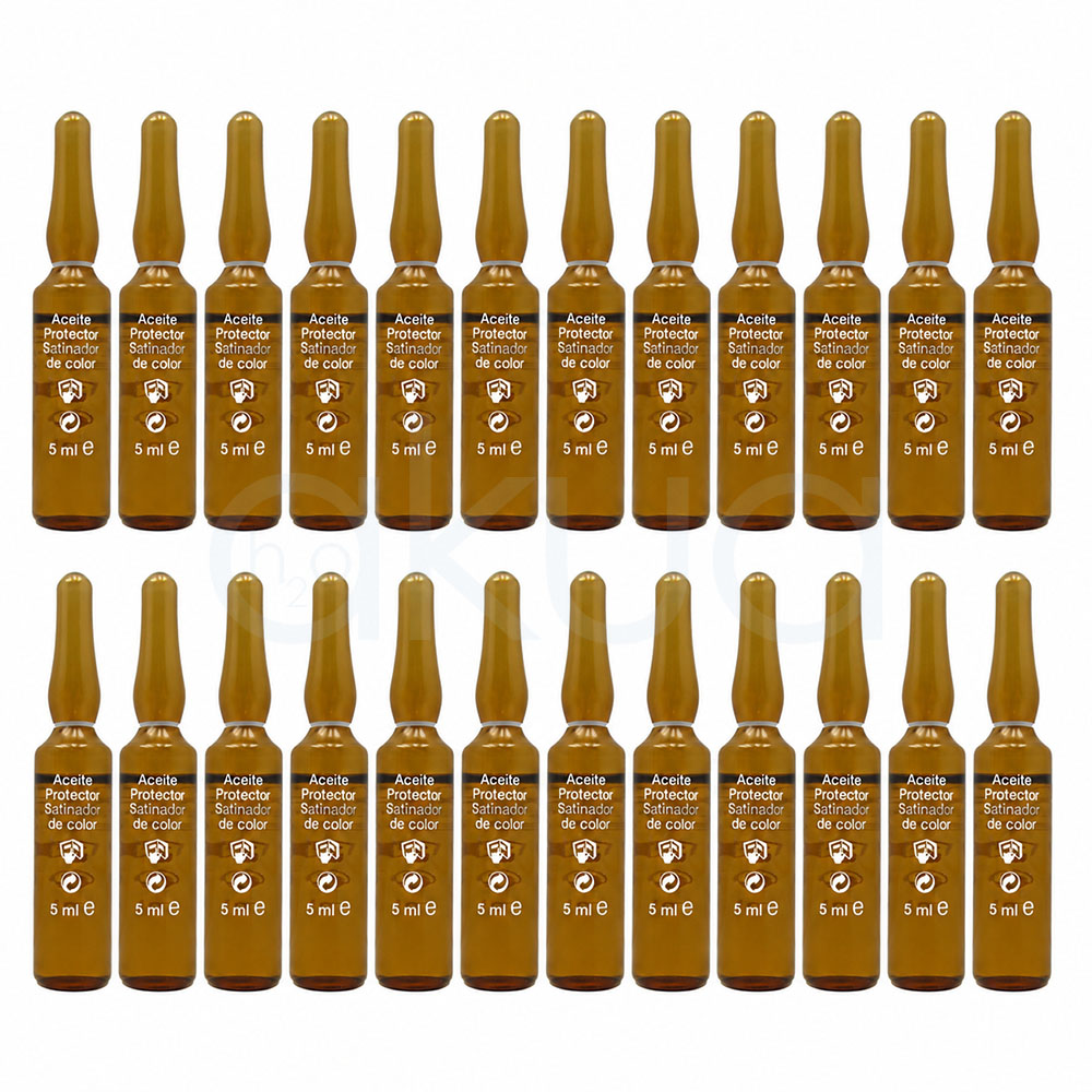 Caja 24 Ampollas aceite irritacion y manchas 5ml H2oAkua. Imagen de catálogo con un conjunto de 24 ampollas monodosis de aceite protector para el cabello, dispuestas en dos filas de doce unidades sobre fondo blanco. Cada ampolla está fabricada en vidrio ámbar y presenta un diseño alargado con cuello estrecho. En la etiqueta frontal, en color blanco, se lee «Aceite Protector Satinador de color», junto a iconos de protección y reciclaje, y la indicación de contenido de 5 ml. Las ampollas están alineadas de forma uniforme, mostrando un formato profesional pensado para la venta en packs o tratamientos capilares.