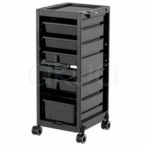 Carrito Multivelo H2oAkua. Carro auxiliar profesional de peluquería en color negro con diseño compacto y estructura rectangular. Cuenta con una bandeja superior de trabajo con soporte metálico lateral, varios cajones y bandejas extraíbles de diferentes tamaños para organizar herramientas y productos. El carro incorpora ruedas giratorias dobles para facilitar su desplazamiento y presenta un acabado moderno y funcional.