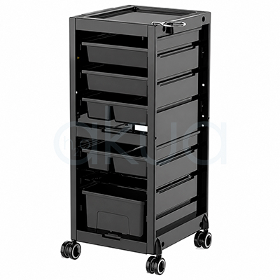 Carrito Multivelo H2oAkua. Carro auxiliar profesional de peluquería en color negro con diseño compacto y estructura rectangular. Cuenta con una bandeja superior de trabajo con soporte metálico lateral, varios cajones y bandejas extraíbles de diferentes tamaños para organizar herramientas y productos. El carro incorpora ruedas giratorias dobles para facilitar su desplazamiento y presenta un acabado moderno y funcional.