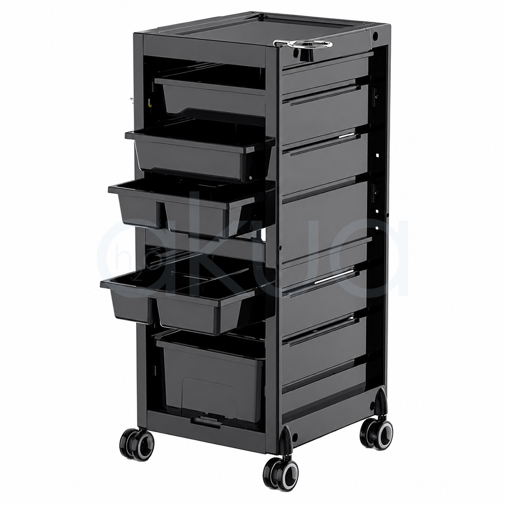 Carrito Multivelo H2oAkua. Carro auxiliar profesional de peluquería en color negro con diseño compacto y estructura rectangular. Cuenta con una bandeja superior de trabajo con soporte metálico lateral, varios cajones y bandejas extraíbles de diferentes tamaños para organizar herramientas y productos. El carro incorpora ruedas giratorias dobles para facilitar su desplazamiento y presenta un acabado moderno y funcional.