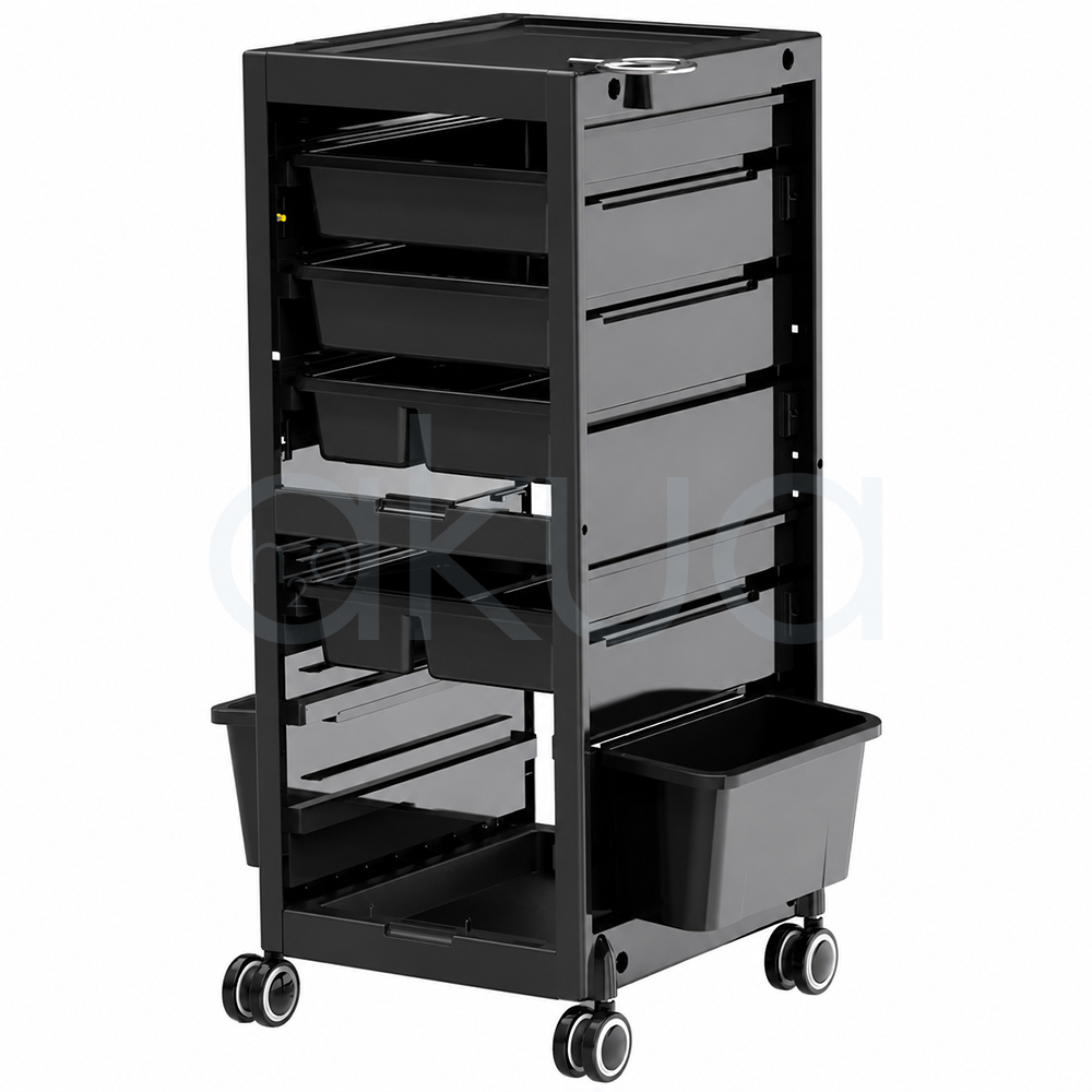 Carrito Multivelo H2oAkua. Carro auxiliar profesional de peluquería en color negro con diseño compacto y estructura rectangular. Cuenta con una bandeja superior de trabajo con soporte metálico lateral, varios cajones y bandejas extraíbles de diferentes tamaños para organizar herramientas y productos. El carro incorpora ruedas giratorias dobles para facilitar su desplazamiento y presenta un acabado moderno y funcional.