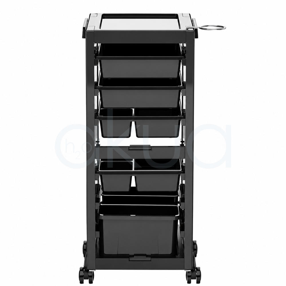 Carrito Multivelo H2oAkua. Carro auxiliar profesional de peluquería en color negro con diseño compacto y estructura rectangular. Cuenta con una bandeja superior de trabajo con soporte metálico lateral, varios cajones y bandejas extraíbles de diferentes tamaños para organizar herramientas y productos. El carro incorpora ruedas giratorias dobles para facilitar su desplazamiento y presenta un acabado moderno y funcional.