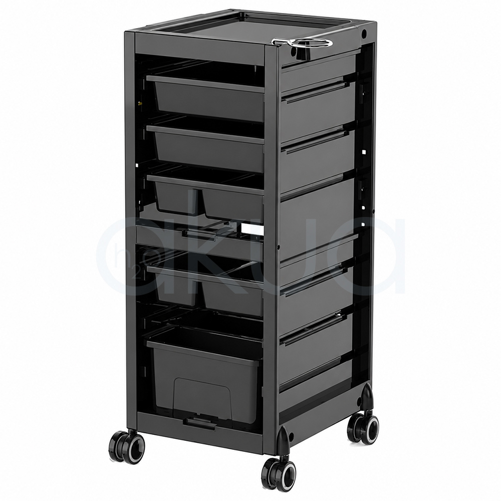 Carrito Multivelo H2oAkua. Carro auxiliar profesional de peluquería en color negro con diseño compacto y estructura rectangular. Cuenta con una bandeja superior de trabajo con soporte metálico lateral, varios cajones y bandejas extraíbles de diferentes tamaños para organizar herramientas y productos. El carro incorpora ruedas giratorias dobles para facilitar su desplazamiento y presenta un acabado moderno y funcional.