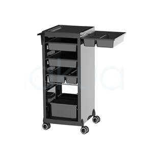 Carrito Rodium H2oAkua. Carro auxiliar profesional de peluquería en color negro con diseño compacto y moderno. Dispone de una bandeja superior para herramientas y productos, varios cajones organizadores de diferentes tamaños en la parte frontal y compartimentos laterales para accesorios de uso frecuente. Incorpora cuatro ruedas giratorias que facilitan su desplazamiento por el salón. Su estructura vertical permite aprovechar el espacio manteniendo ordenados utensilios, productos y herramientas de trabajo
