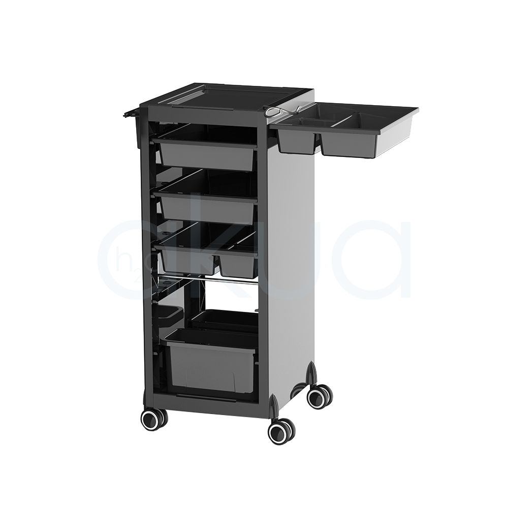 Carrito Rodium H2oAkua. Carro auxiliar profesional de peluquería en color negro con diseño compacto y moderno. Dispone de una bandeja superior para herramientas y productos, varios cajones organizadores de diferentes tamaños en la parte frontal y compartimentos laterales para accesorios de uso frecuente. Incorpora cuatro ruedas giratorias que facilitan su desplazamiento por el salón. Su estructura vertical permite aprovechar el espacio manteniendo ordenados utensilios, productos y herramientas de trabajo