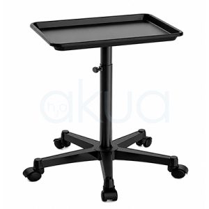 Carrito auxiliar H2oAkua. Carrito auxiliar profesional de peluquería y estética en color negro, con bandeja rectangular de bordes elevados para organizar herramientas, productos y accesorios de trabajo. Dispone de una columna central regulable en altura mediante pomo de ajuste y una base de cinco brazos con ruedas giratorias que facilitan su desplazamiento. El diseño es moderno, robusto y funcional, pensado para mantener el material siempre accesible durante servicios de peluquería, barbería, estética o tratamientos de belleza.