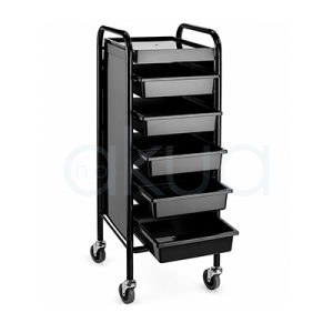 Carrito peluqueria Fanny H2oAkua. Carro auxiliar profesional de peluquería en color negro con estructura metálica y cinco bandejas extraíbles de gran capacidad. Dispone de una bandeja superior para herramientas y productos de uso frecuente, laterales cerrados para una apariencia elegante y ruedas giratorias que facilitan su desplazamiento. Su diseño vertical permite aprovechar el espacio y mantener organizados utensilios, accesorios y productos de peluquería o estética.