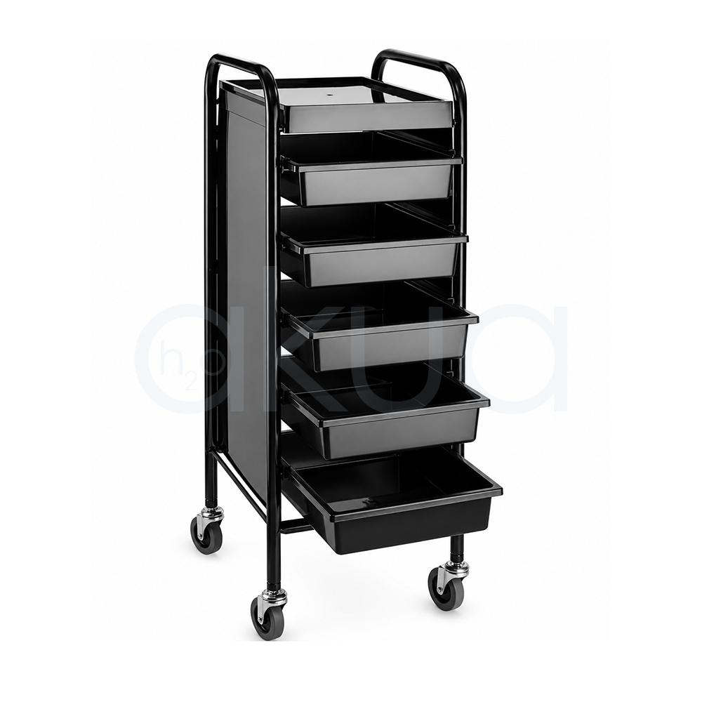 Carrito peluqueria Fanny H2oAkua. Carro auxiliar profesional de peluquería en color negro con estructura metálica y cinco bandejas extraíbles de gran capacidad. Dispone de una bandeja superior para herramientas y productos de uso frecuente, laterales cerrados para una apariencia elegante y ruedas giratorias que facilitan su desplazamiento. Su diseño vertical permite aprovechar el espacio y mantener organizados utensilios, accesorios y productos de peluquería o estética.