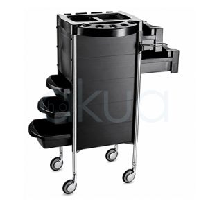 Carrito peluqueria modelo Smile H2oAkua. Carro auxiliar profesional de peluquería en color negro con estructura compacta y diseño funcional. Dispone de varios cajones laterales extraíbles, bandejas organizadoras, compartimentos superiores para herramientas y soportes específicos para cepillos, peines, secadores y accesorios. Cuenta con cuatro ruedas giratorias para facilitar el desplazamiento dentro del salón.