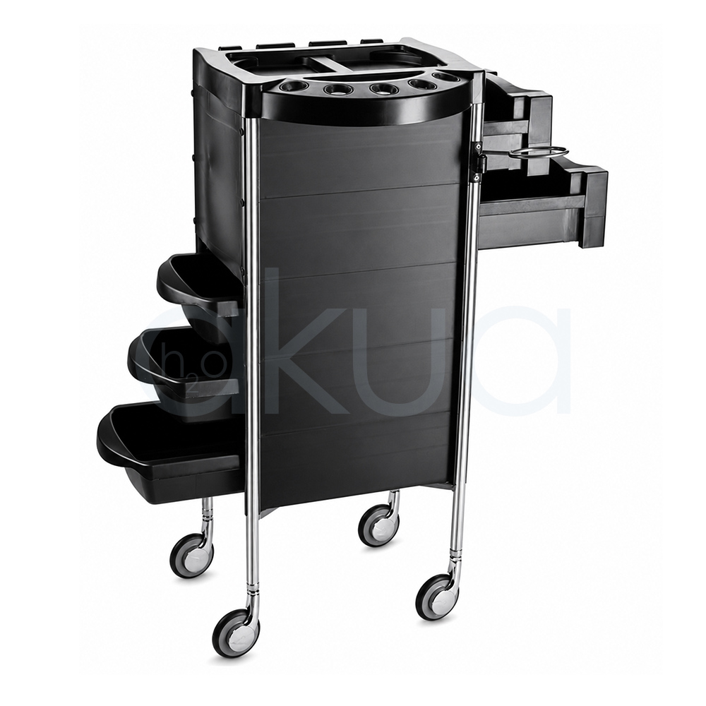 Carrito peluqueria modelo Smile H2oAkua. Carro auxiliar profesional de peluquería en color negro con estructura compacta y diseño funcional. Dispone de varios cajones laterales extraíbles, bandejas organizadoras, compartimentos superiores para herramientas y soportes específicos para cepillos, peines, secadores y accesorios. Cuenta con cuatro ruedas giratorias para facilitar el desplazamiento dentro del salón.