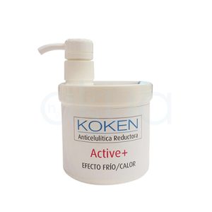 Crema anticelulitica koken 500gr. Envase profesional de crema anticelulítica reductora KOKEN Active+ sobre fondo blanco. El recipiente es cilíndrico, de color blanco y cuenta con un dispensador de presión integrado en la tapa para facilitar su aplicación. En la etiqueta frontal aparece el logotipo de la marca KOKEN en color azul, acompañado del texto «Anticelulítica Reductora», «Active+» en color rojo y la indicación «Efecto frío/calor». H2o Akua